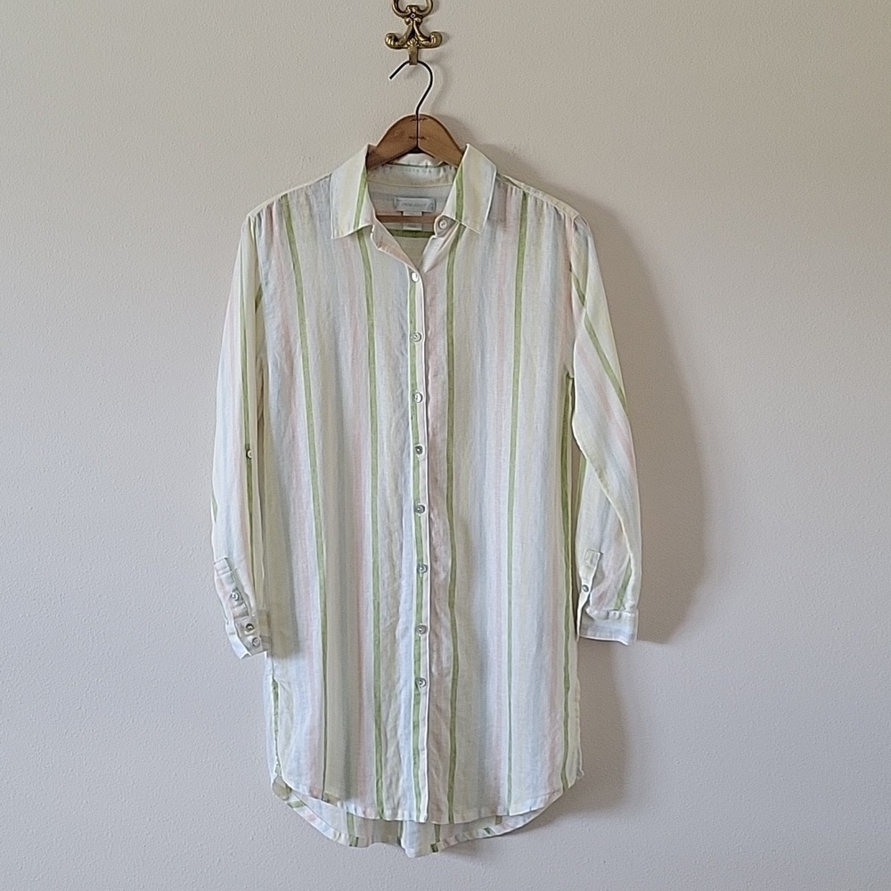 Cynthia Rowley Pastel Striped Linen Button Down Tunic Shirt Size Small
